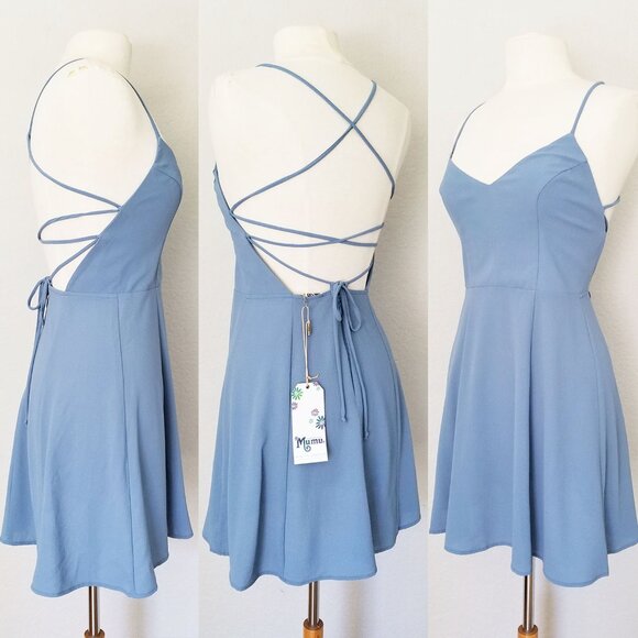 NEW Show Me Your Mumu Victoria Mini Dress Crisscross Laced Up Back Blue M $140 - Picture 12 of 13